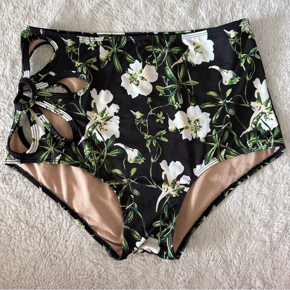 Black Floral Flower Cut Out Swim Bottoms